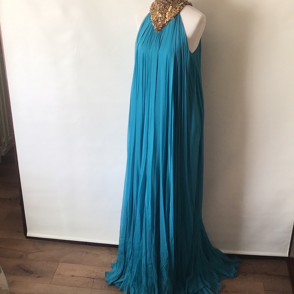 ALEXANDER MCQUEEN Dress NWT Turquoise Chiffon w/Bronze Swarovski Size 42 US 8-10 - Picture 15 of 17
